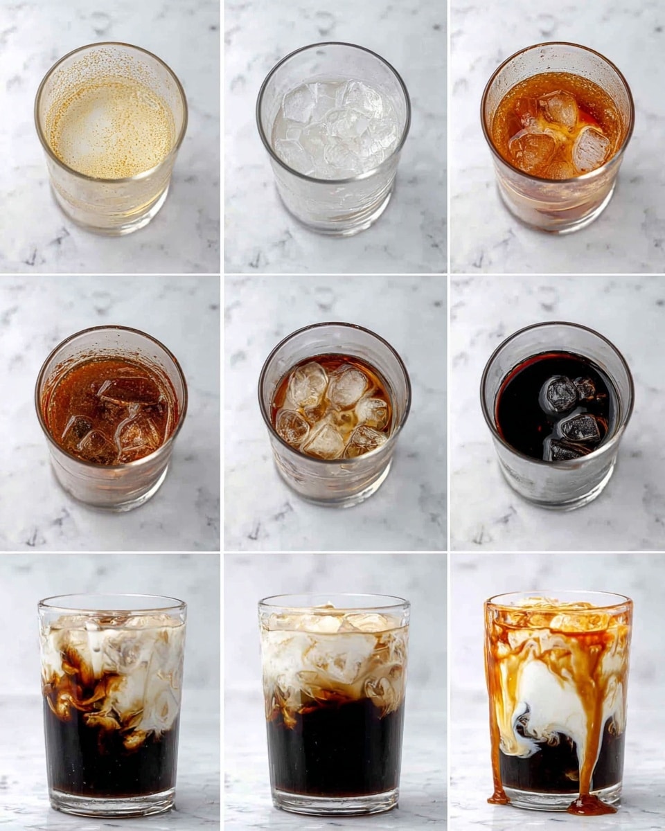A clear glass is shown in eight steps on a white marbled background, starting empty, then with a light golden syrup coating inside. The glass is filled with dark coffee, then ice cubes are added on top. The next steps show caramel sauce swirled inside the glass before more ice is added. Dark coffee with ice fills the glass, and finally, the drink is topped with creamy milk and drizzled with caramel sauce on top, showing a mix of white, brown, and amber colors with smooth and glossy textures, all inside the clear glass. Photo taken with an iphone --ar 4:5 --v 7