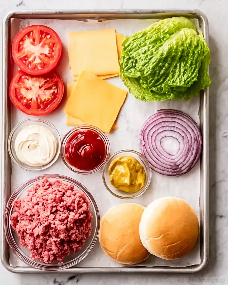On a white marbled surface, there is a baking tray holding various burger ingredients arranged neatly. Starting from the top left, there are two red tomato slices with visible seeds, followed by a fresh green lettuce leaf with textured edges. Next to the lettuce, there are two yellow cheese slices stacked slightly overlapping. To the right of these, there are several purple-red onion rings stacked evenly. Below the tomato slices, three small clear glass bowls hold different sauces: a creamy white sauce, a bright red ketchup, and part of a yellow mustard sauce visible on the side. In the center, there is a clear bowl filled with raw ground beef, showing a pink and slightly rough texture. On the bottom right of the tray, there are two soft, light beige burger buns placed side by side. The overall look is clean and colorful, arranged in an orderly way. photo taken with an iphone --ar 4:5 --v 7
