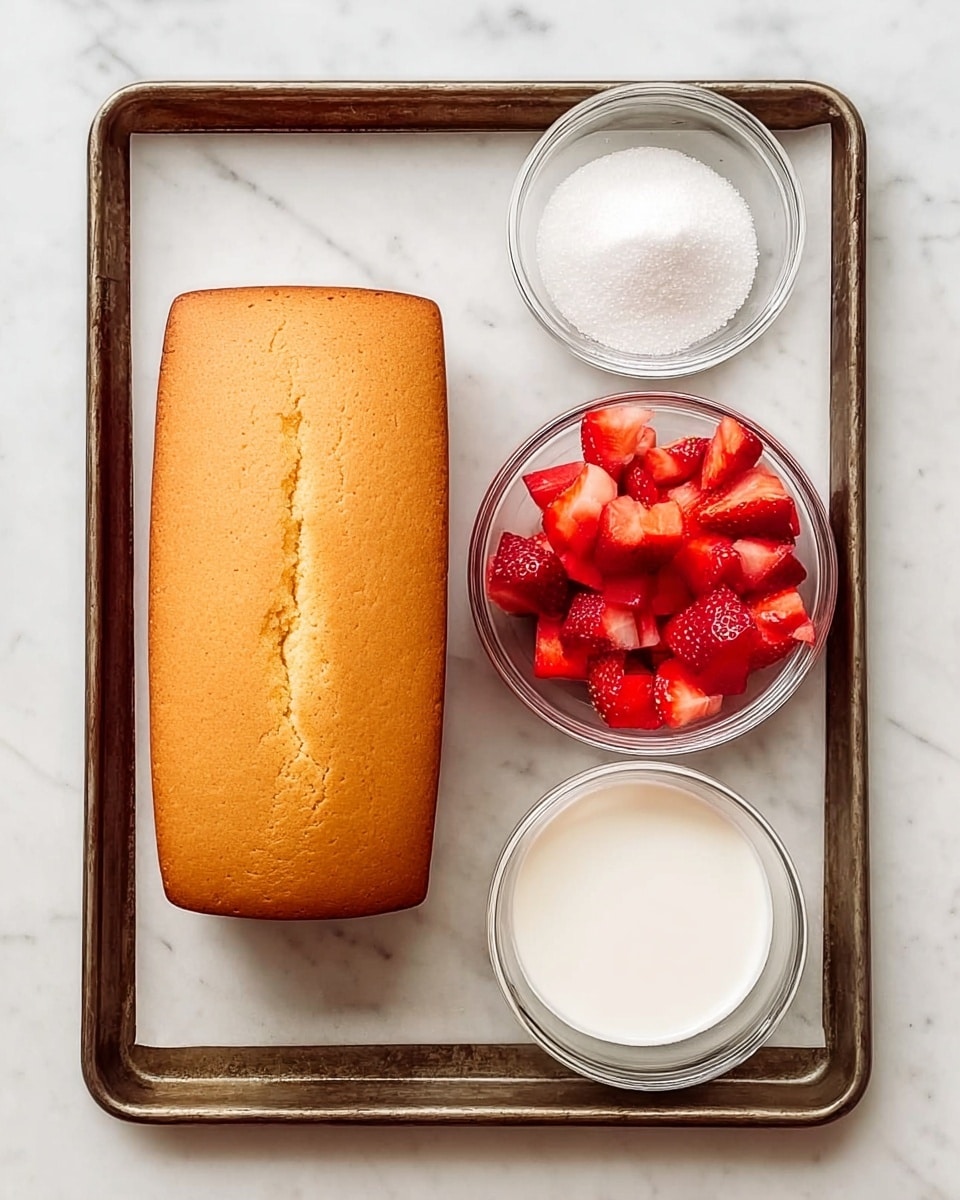 The image shows ingredients placed on a white marbled surface with an old metal tray. There is one rectangular light brown cake with a smooth top placed on the left side of the tray. On the right side, there are three clear small bowls; the top bowl contains white granulated sugar, the middle bowl has bright red chopped strawberries with a juicy texture, and the bottom bowl is filled with a white creamy liquid. Photo taken with an iphone --ar 4:5 --v 7