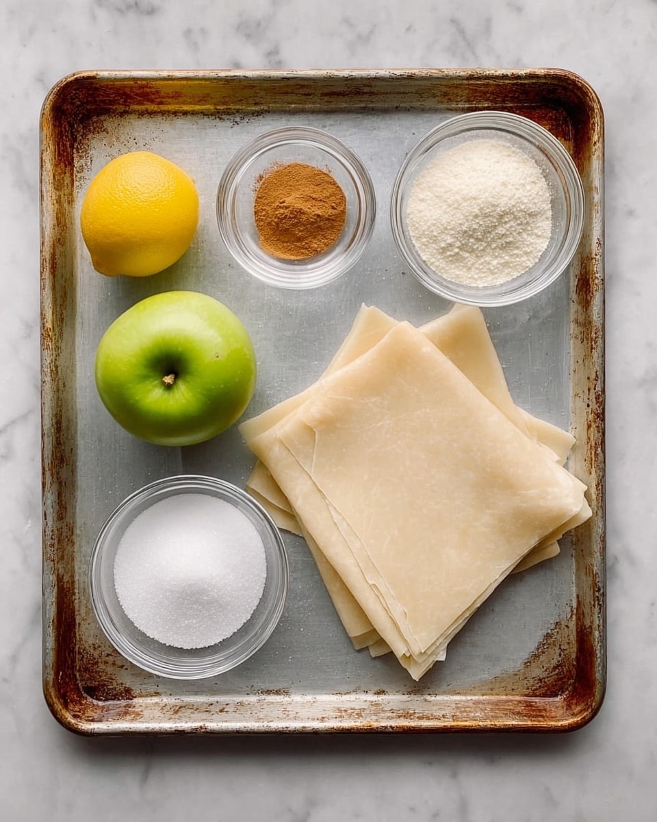 A slightly worn metal baking tray with a white marbled texture beneath it. On the tray, there are two folded pale beige square sheets of pastry stacked on the right side. To the left, there is a bright green apple next to a small yellow lemon. Above these fruits, there is a small clear glass bowl with light brown cinnamon powder, next to another small clear bowl with white powder. Below the cinnamon bowl, there is a bigger clear glass bowl filled with white sugar crystals. The colors are soft and natural, with the rustic metal tray contrasting the fresh fruits and powdered ingredients. Photo taken with an iphone --ar 4:5 --v 7