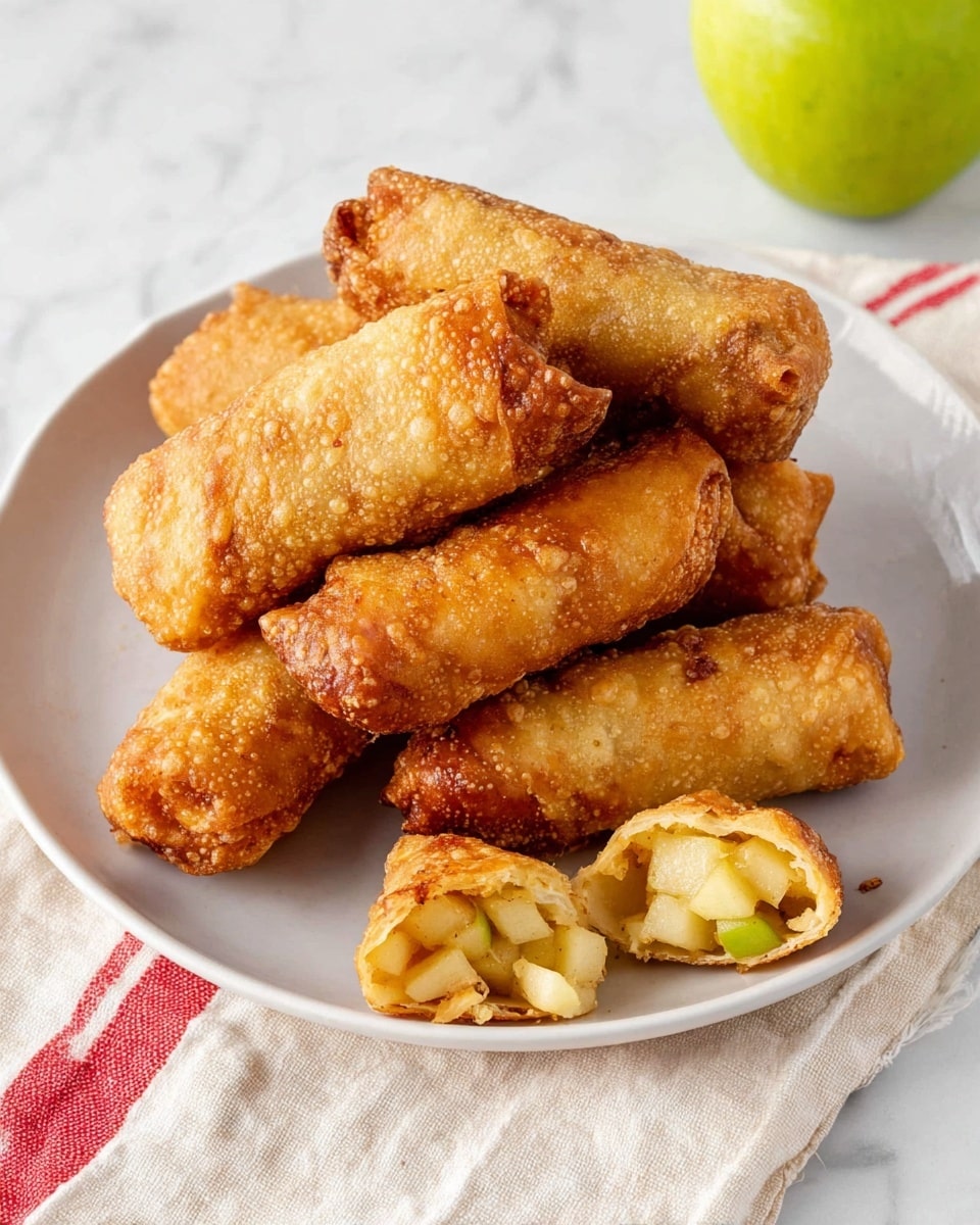 A white plate is filled with seven golden brown fried rolls stacked on top of each other, showing a crispy and bubbly texture on the outside. One roll is broken open at the front of the plate, revealing a filling of diced light yellow and pale green apple pieces inside. The plate sits on off-white cloth napkins with a red striped pattern on a white marbled surface. A green apple is placed in the top right background. Photo taken with an iphone --ar 4:5 --v 7