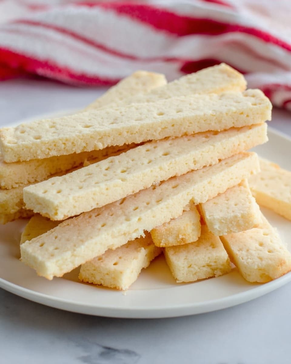 A white plate filled with many pale yellow shortbread sticks stacked unevenly. The sticks have a crumbly texture with small holes on the surface and slightly rough edges. The plate is placed on a white marbled surface with a blurred red-and-white striped cloth in the background. photo taken with an iphone --ar 4:5 --v 7