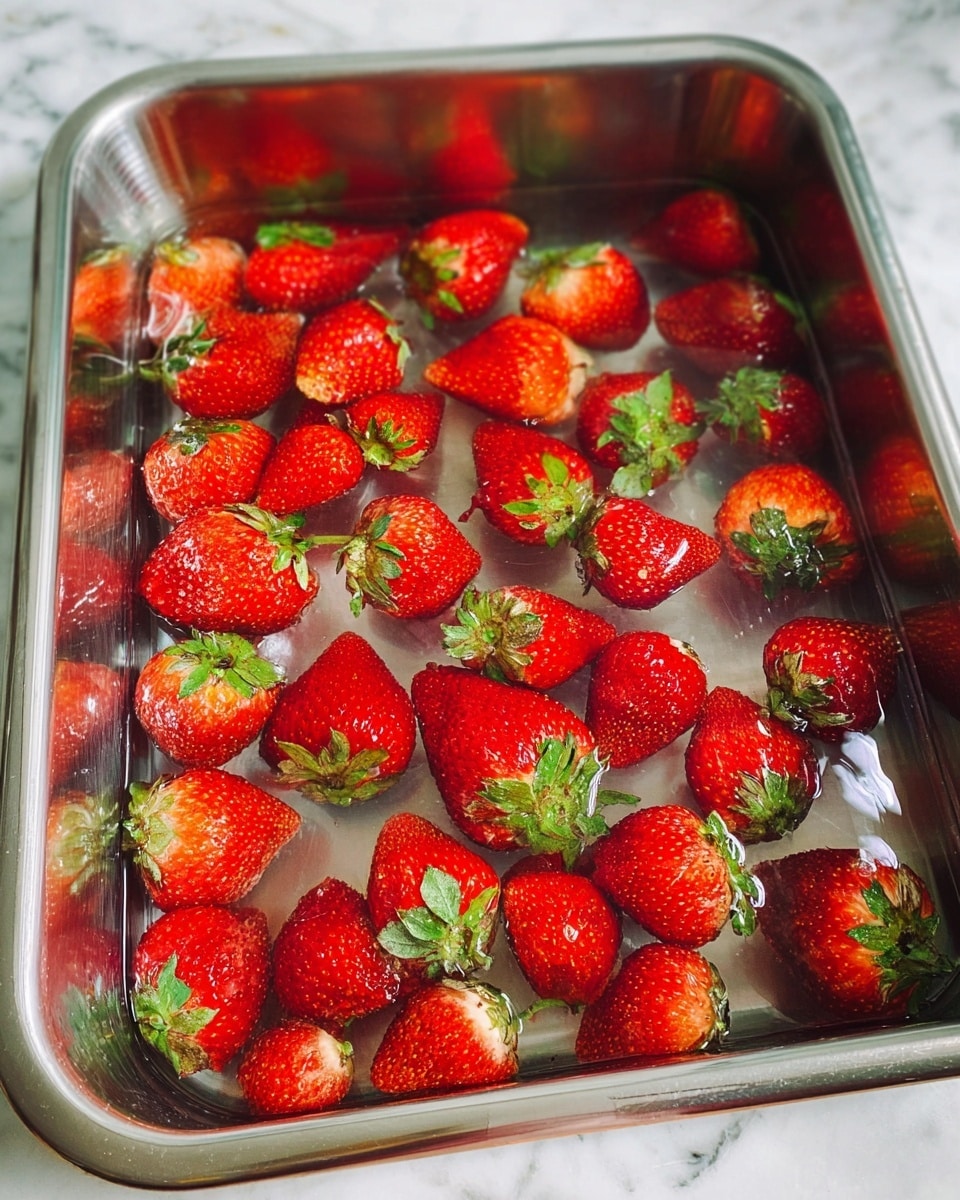 A metal sink filled with water and fresh strawberries floating on the surface, each strawberry bright red with green leafy tops, evenly spread out and partially submerged in clear water. The shiny metal surface of the sink reflects the red color of the strawberries. The whole scene is set on a white marbled surface. photo taken with an iphone --ar 4:5 --v 7