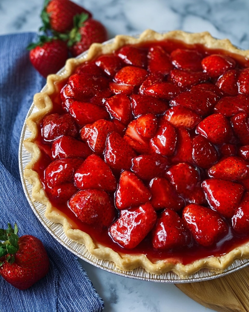 A round strawberry pie with one visible layer of golden, flaky crust at the bottom holding a thick, glossy red strawberry filling spreading evenly to the edges, topped with a full layer of large, halved and quartered fresh strawberries that are bright red with seeds showing, covered in a shiny glaze that makes the berries look wet and fresh. The pie is in a silver pie dish sitting on a white marbled surface next to some whole strawberries and a folded blue cloth. photo taken with an iphone --ar 4:5 --v 7