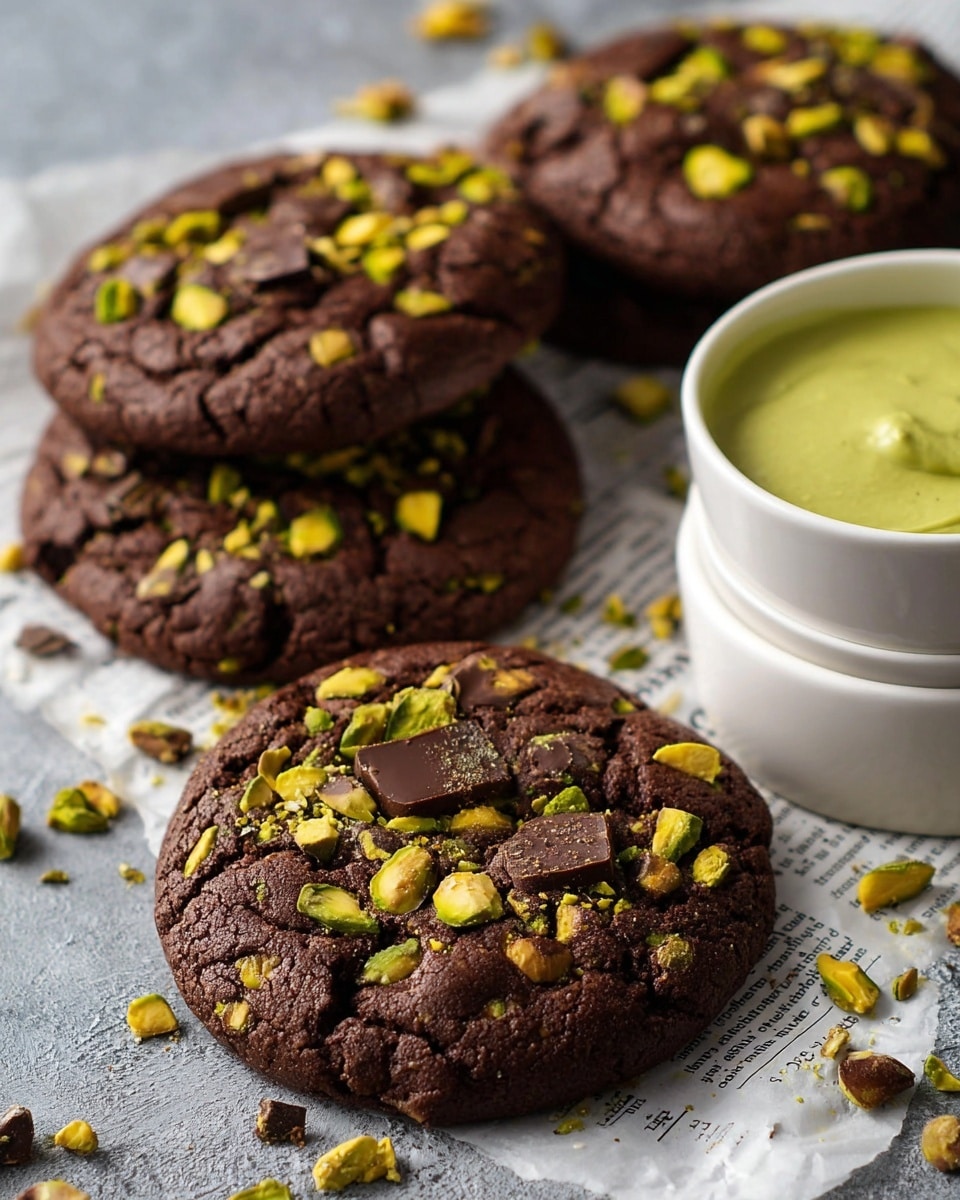 The image shows four large, round dark chocolate cookies topped with bright green chopped pistachios and pieces of dark chocolate, giving them a rough, textured look. The cookies are placed on a white marbled surface covered with a sheet that looks like old newspaper. In the right foreground, there is a white cup filled with smooth green pistachio cream, with the cup stacked on another white cup. The colors contrast well, with the dark brown cookies and bright green nuts and cream standing out against the white marbled surface. Photo taken with an iphone --ar 4:5 --v 7
