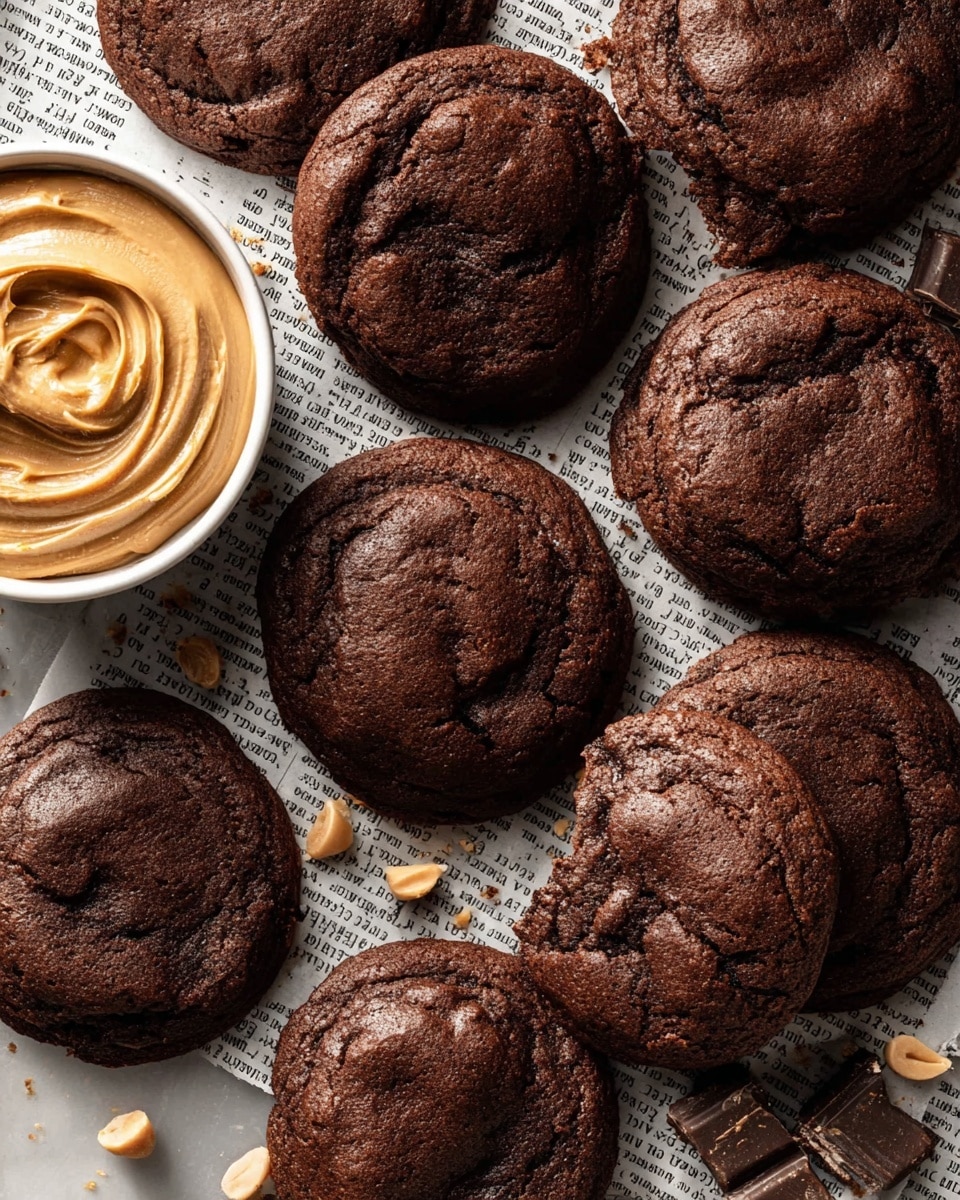 The image shows a close-up of nine rich dark brown chocolate cookies, each thick and slightly cracked on the top, laid flat on a layer of printed newspaper. To the left side, there is a small white bowl filled with smooth, light brown peanut butter cream with a swirl texture visible. Scattered around and between the cookies are a few peanut pieces and small chocolate shards, adding extra detail. The scene rests on a white marbled surface. photo taken with an iphone --ar 4:5 --v 7