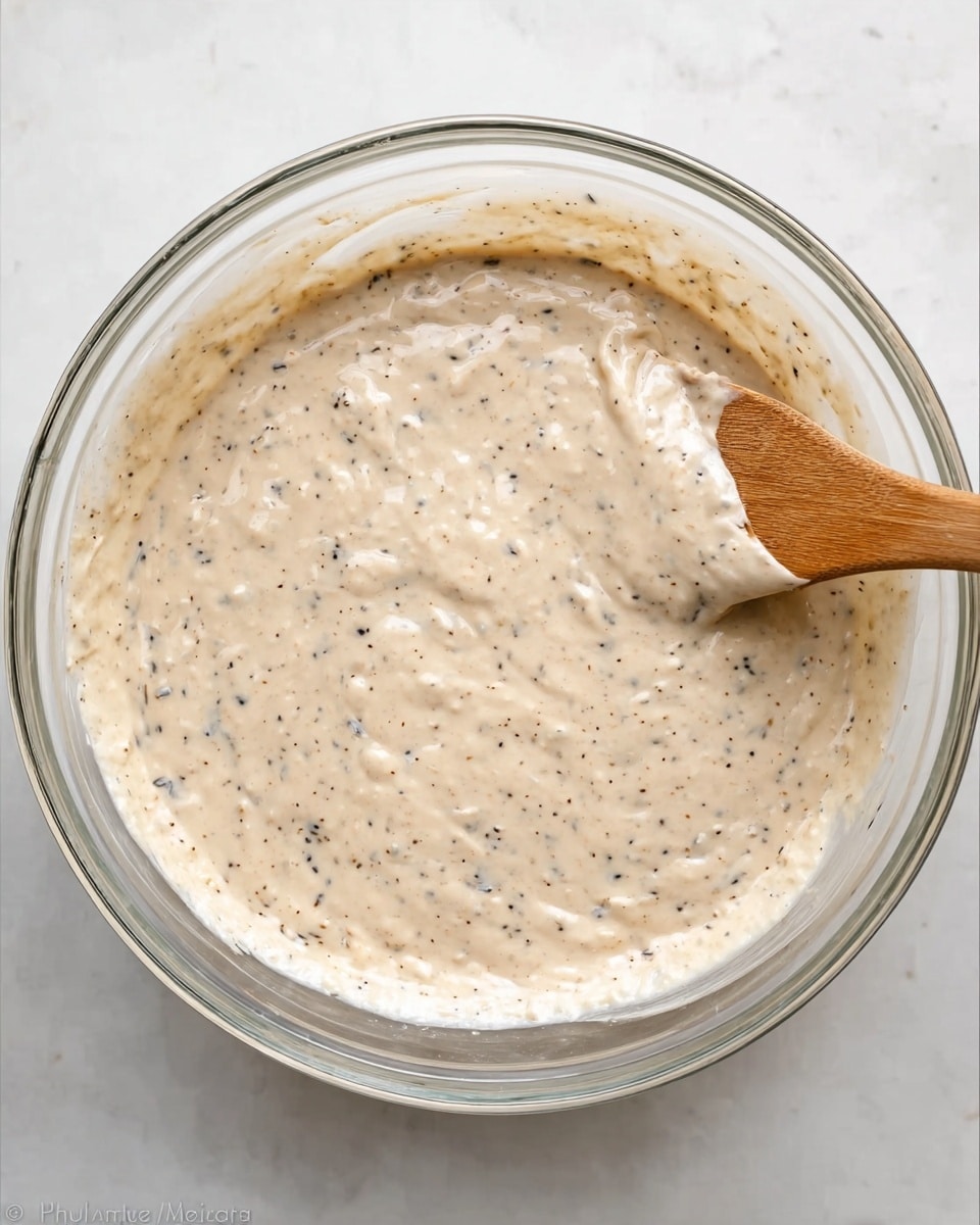 A clear glass bowl filled with a thick, creamy mixture that has a light beige base with small, dark specks and bits spread evenly throughout. A light wooden spatula is partially submerged in the mixture on the right side, showing the mixture's smooth, slightly lumpy texture. The bowl is placed on a white marbled surface, and the lighting brings out the shine on the mixture. photo taken with an iphone --ar 4:5 --v 7
