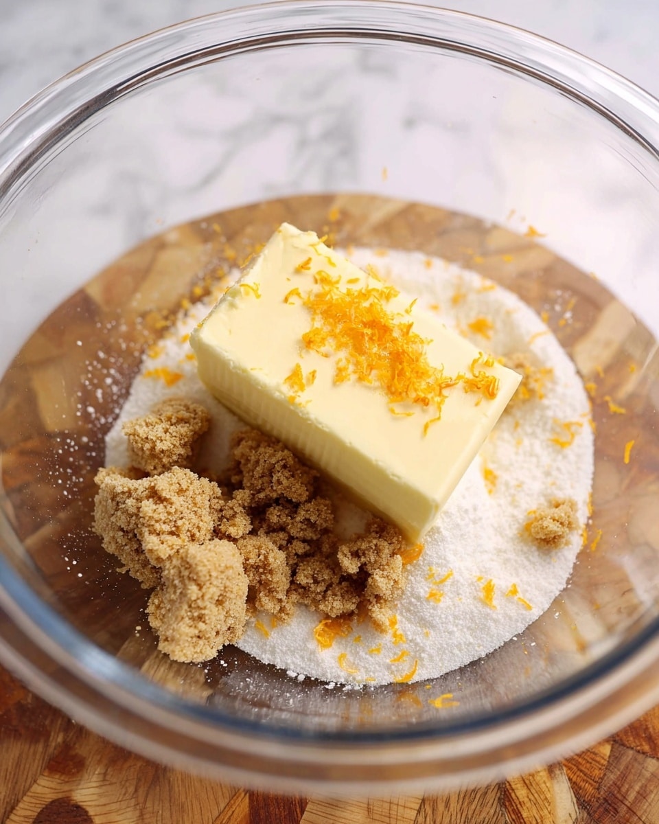 A clear glass mixing bowl sits on a white marbled surface, holding a few ingredients layered inside. At the bottom is a base of white granulated sugar, topped with a thick rectangular piece of pale yellow butter in the center. Scattered unevenly over the butter and sugar are light brown soft brown sugar clumps. Sprinkled on top of all the layers are small bits of bright orange zest, adding a pop of color. The bowl’s surface reflects soft light, highlighting the textures and colors inside. Photo taken with an iphone --ar 4:5 --v 7