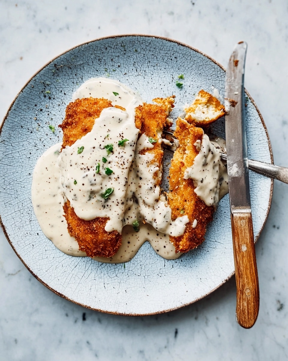 The dish shows two golden brown, crispy fried pieces placed on a white plate with light blue speckles. On top of the fried pieces, there is a thick, creamy white sauce covering most of them, with cracked black pepper sprinkled over the sauce. One piece is partially sliced, held by a silver fork with a wooden handle on the right side of the plate. Next to the fork, a knife with a matching wooden handle rests on the plate. The plate sits on a white marbled surface. photo taken with an iphone --ar 4:5 --v 7