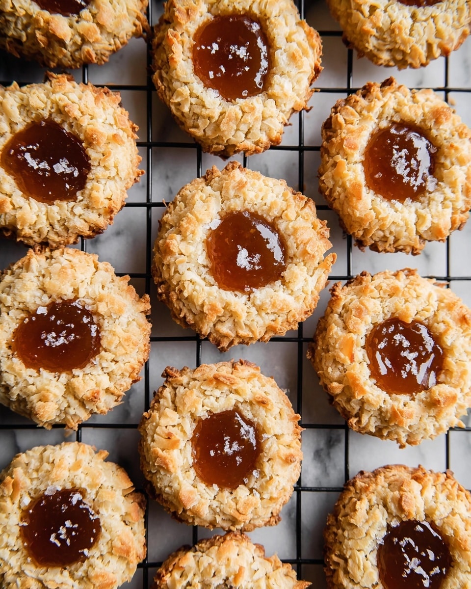 The image shows many round cookies on a black wire cooling rack over a white marbled surface. Each cookie has a rough, golden-brown outer layer that looks crispy and textured with coconut flakes. In the middle of each cookie, there is a smooth, shiny, dark caramel-colored jam or sauce that fills a small round well. Some wells have a sprinkle of flaky sea salt on top, adding a slight sparkle. The cookies are arranged closely together, nearly filling the rack. Photo taken with an iphone --ar 4:5 --v 7
