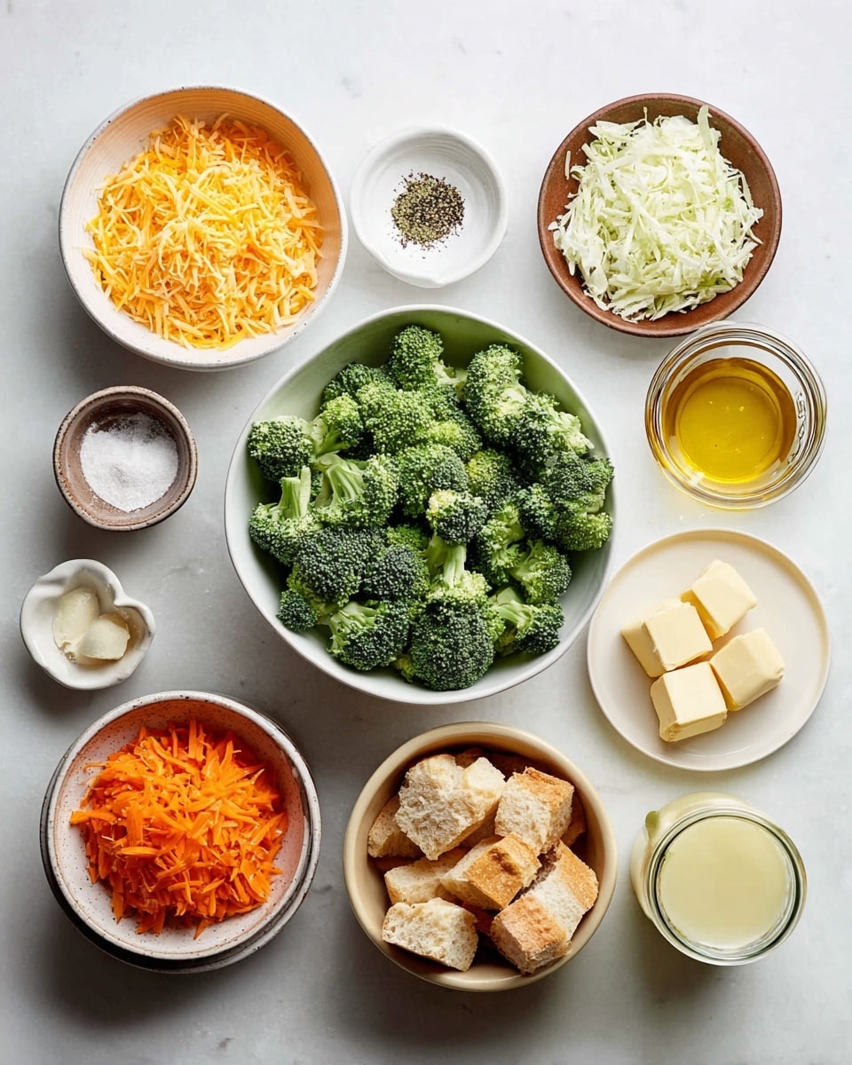 The image shows an overhead view of various ingredients arranged on a white marbled surface. In the center, there is a large white bowl filled with green broccoli florets. Surrounding it are smaller white bowls and plates holding different ingredients: shredded orange cheddar cheese, finely chopped white onions, shredded white cheese, white flour, black pepper, salt, and minced garlic. There is also a brown bowl with orange shredded carrots, a small plate with three cubes of butter, a jar with a light yellow liquid, and another jar with white liquid. A beige bowl contains pieces of bread. The ingredients are neatly placed in a balanced and visually clean layout. Photo taken with an iphone --ar 4:5 --v 7