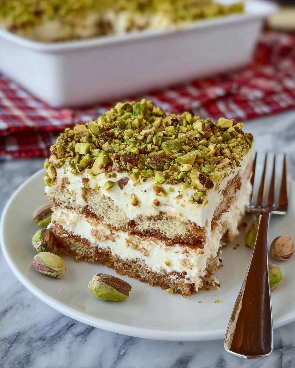 The image shows a square slice of layered dessert on a white plate with a few whole pistachio nuts beside it. The dessert has three main layers: the bottom layer is a dark brown cake or biscuit base, the middle layer is creamy and light-colored with spots of dark brown pieces inside, possibly soaked biscuits, and the top layer is a thick, white creamy layer covered generously with crushed pistachios of green and light brown shades. The plate sits on a white marbled surface, and a silver fork is placed next to the dessert on the right side. In the background, a larger white dish filled with the same dessert is visible on a red and white checkered cloth. photo taken with an iphone --ar 4:5 --v 7