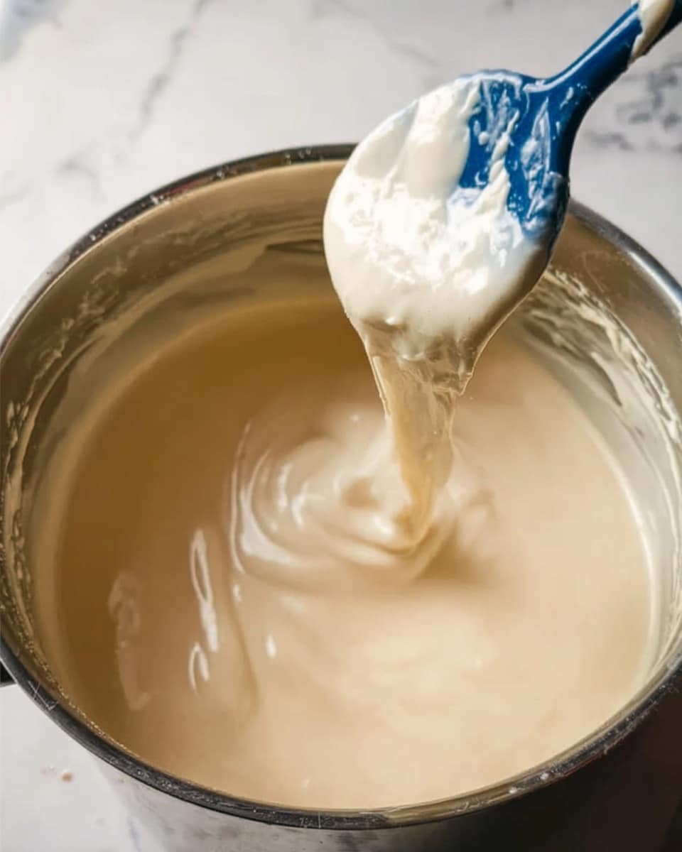 A close-up image of creamy batter being stirred in a shiny silver pot, with a blue and white spoon lifting the thick, light beige mixture, showing its smooth and flowing texture. The background is a white marbled surface. Photo taken with an iphone --ar 4:5 --v 7