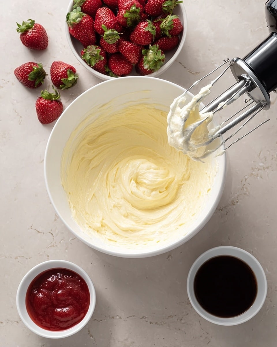 A white bowl filled with smooth, pale yellow cream in the center, with a hand mixer’s beaters covered in the same cream held above the bowl. On the left, a small white bowl of fresh red strawberries with green tops, some loose strawberries lie nearby on the white marbled surface. On the bottom right, two small white bowls, one filled with thick red sauce and the other with a dark liquid, are placed close together, all on the white marbled background. Photo taken with an iphone --ar 4:5 --v 7