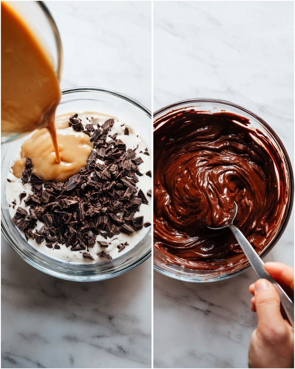 The image shows two clear glass bowls on a white marbled surface; the left bowl contains a base layer of white cream with dark brown chopped chocolate pieces on top, while a light caramel-colored liquid is being poured over the chocolate; the right bowl has a thick, dark brown chocolate mixture being stirred with a silver spoon by a woman's hand, showing a swirled texture mixing lighter and darker shades of chocolate. photo taken with an iphone --ar 4:5 --v 7