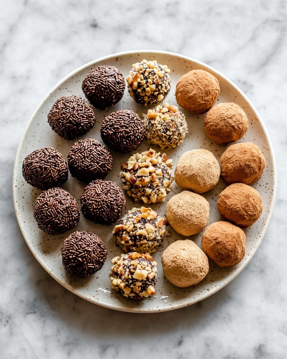 A white round plate with 26 round chocolate truffles arranged in three groups. The first group on the left has 9 truffles coated with dark brown chocolate sprinkles, showing a rough texture with small cylindrical shapes. The middle group has 8 truffles covered in chopped nuts with a mix of light brown, tan, and dark brown pieces unevenly stuck on the surface. The third group on the right has 9 truffles coated with a smooth light brown powder, possibly cocoa, giving a soft matte finish. The plate is on a white marbled surface. photo taken with an iphone --ar 4:5 --v 7