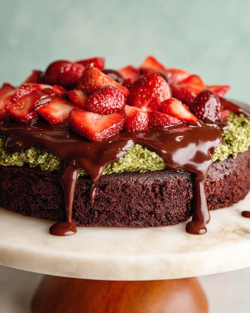 A thick, dark brown chocolate cake sits on a white marbled surface that is placed on a wooden stand. The cake has two main layers on top: a base layer of rich, textured chocolate cake, followed by a green, textured spread that looks creamy with tiny herb-like bits. Over the green layer, there is a glossy, dark chocolate sauce that drips down the side of the cake. Fresh, bright red strawberry slices are scattered generously on and around the chocolate sauce, adding a pop of color and freshness. The overall presentation is rich and inviting, with a close-up view that highlights the contrast between the dark and bright colors. Photo taken with an iphone --ar 4:5 --v 7