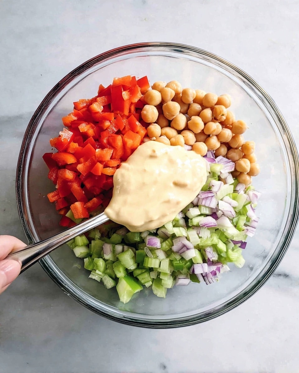 A clear glass bowl on a white marbled surface holds layers of colorful ingredients arranged side by side: bright red chopped bell peppers on the left, chickpeas with a beige tone in the middle slightly towards the top, chunky green celery pieces to the right, and finely chopped purple onions scattered mainly on the right side over the celery and chickpeas. On top, a thick dollop of creamy pale yellow sauce lies slightly to the left center, and a shiny silver spoon rests in the bowl's right side with a woman's hand partially visible holding it. Photo taken with an iphone --ar 4:5 --v 7