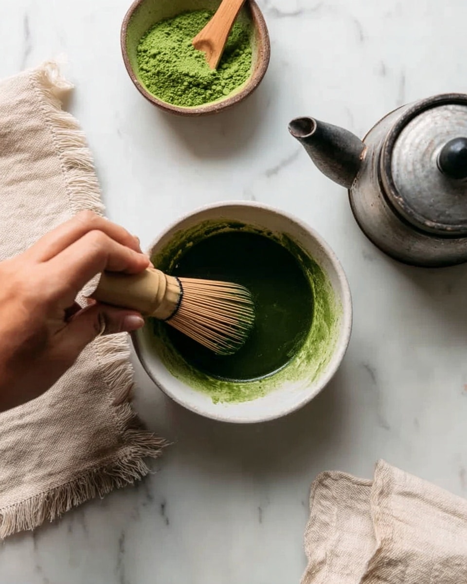 A woman's hand is holding a bamboo whisk stirring thick, dark green matcha tea powder in a white bowl. Behind it, there is a small bowl with bright green matcha powder and a wooden scoop inside. Below to the left, there is a soft beige cloth with frayed edges. To the right on the white marbled surface, there is a metal teapot with a black lid and long curved spout. The whole scene is bright and clean with natural light. photo taken with an iphone --ar 4:5 --v 7