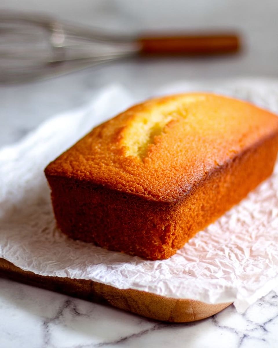 The image shows a golden-brown loaf cake resting on crinkled white paper, placed on a wooden board over a white marbled surface. The cake has a smooth top with a small crack in the center, and its edges are darker, showing a lightly crisp texture. The sides of the cake are evenly browned, and the texture looks soft and slightly crumbly. In the blurred background, there is a metal whisk with a wooden handle, suggesting baking preparation. Photo taken with an iphone --ar 4:5 --v 7