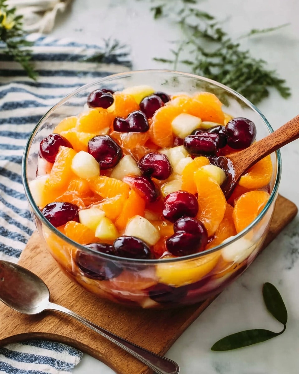The image shows a clear glass bowl filled with a colorful fruit salad placed on a white marbled surface. The bowl contains three main layers of fruit: bright orange slices, dark red cherries, and small white fruit pieces mixed evenly throughout. A wooden spoon is resting inside the bowl on the right side, partially submerged in the fruit. Below the bowl, there is a small wooden board with a silver spoon resting on it. Some green leaves are placed on the lower right side of the scene, adding a fresh touch. The background includes a piece of cloth with blue and white stripes underneath the bowl and some more green leaves in the upper part of the frame. photo taken with an iphone --ar 4:5 --v 7