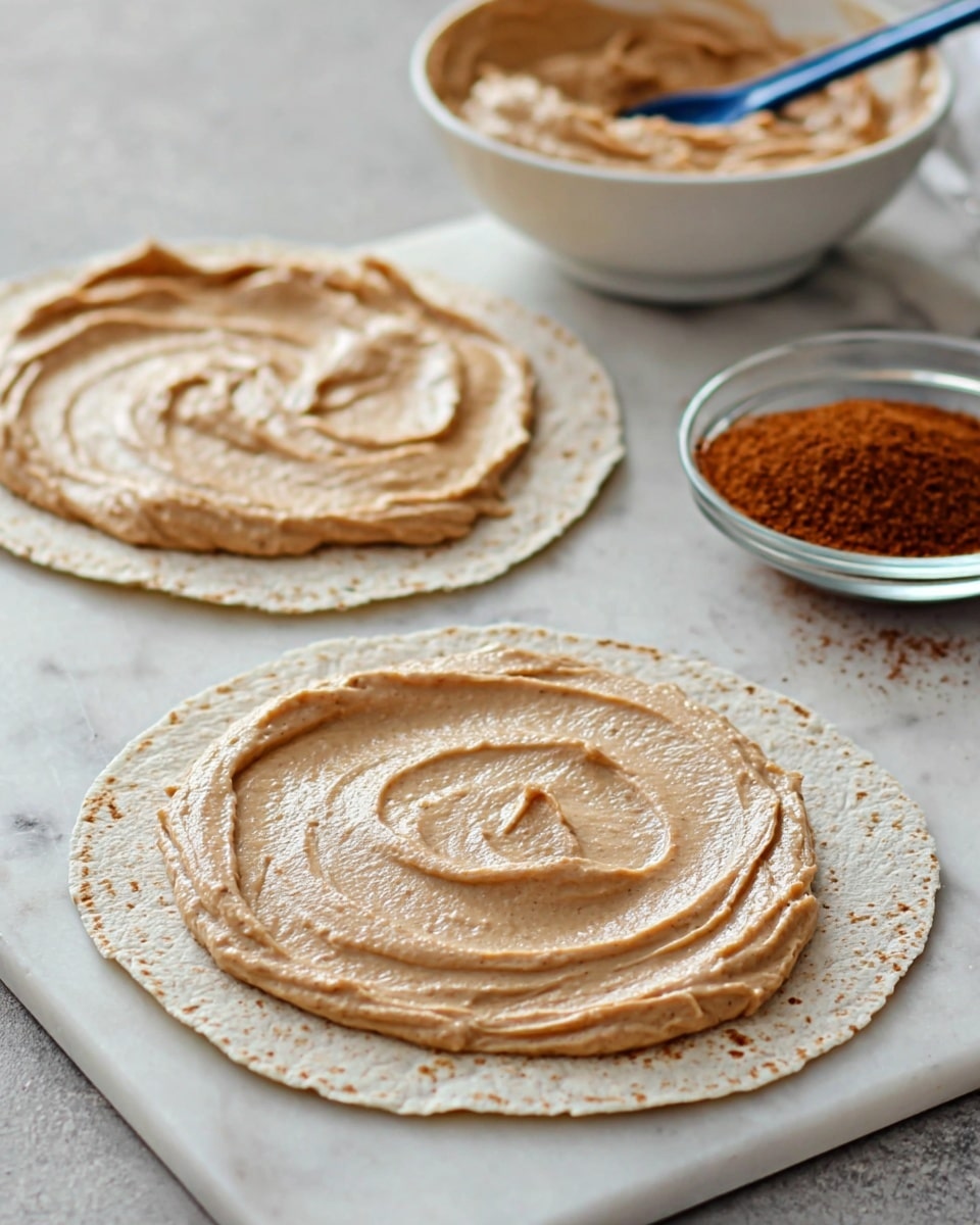 Two round tortillas lie flat on a white marbled surface. Each tortilla is evenly covered with a thick, smooth spread of light brown creamy mixture, showing some swirled texture from spreading. In the background, there is a white bowl filled with more of the same brown spread and a blue spoon resting inside. Next to the tortillas is a small clear glass bowl holding a reddish-brown powder. The scene is softly lit, focusing on the textures and colors of the tortillas and spread. photo taken with an iphone --ar 4:5 --v 7