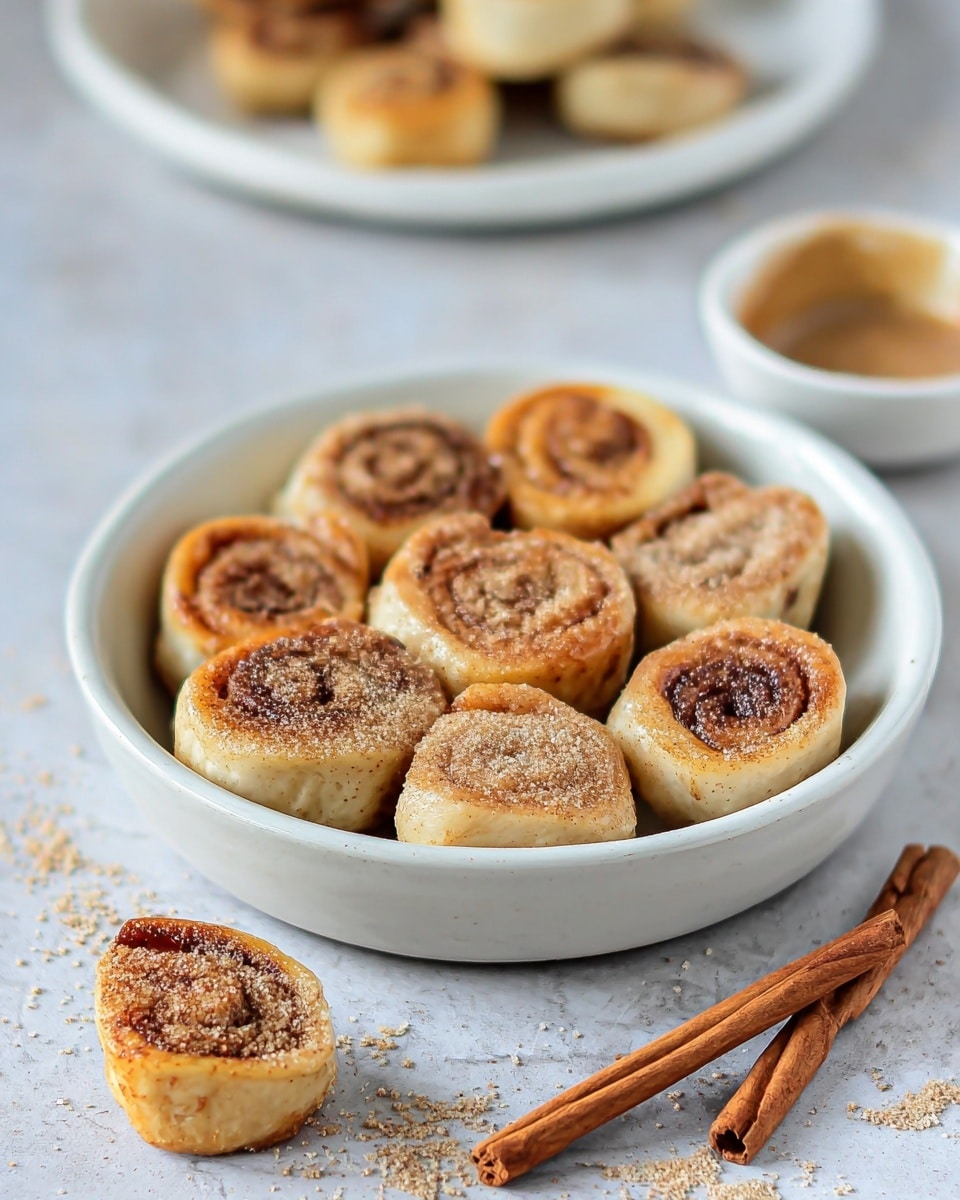 A white bowl holds about sixteen small, round cinnamon rolls arranged in a circle, each with a golden-brown, slightly crispy outer edge and a soft, light beige inside that reveals a swirl of cinnamon sugar. The rolls are sprinkled with extra cinnamon sugar on top. One roll sits outside the bowl near two cinnamon sticks placed diagonally on a white marbled surface. In the background, there is a blurred white bowl with a light brown sauce and some more cinnamon rolls stacked. Photo taken with an iphone --ar 4:5 --v 7