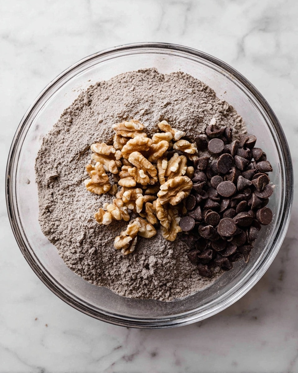 A clear glass bowl sits on a white marbled surface filled with three main layers of ingredients: a base of fine, grayish cocoa powder that covers most of the bowl’s bottom and sides, placed in three sections, a cluster of medium-sized chopped light brown walnuts sits in the center, next to a pile of shiny dark brown chocolate chips to the right, creating a clear separation between the chunky nuts and smooth chips; the textures contrast with the soft powder and rough nut pieces. Photo taken with an iphone --ar 4:5 --v 7