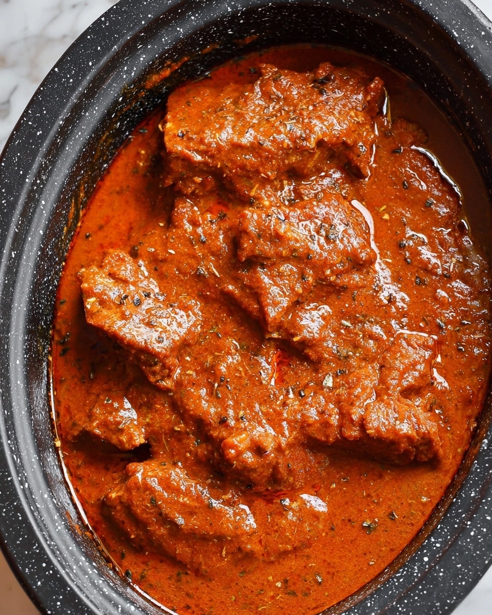 The image shows a black speckled pot filled with several pieces of meat covered in a thick reddish-brown sauce. The sauce has a smooth yet slightly chunky texture, evenly coating the meat pieces, with some small visible herbs and spices mixed throughout. The meat pieces are partially submerged and appear tender, with the sauce pooling around them and filling the pot's rounded edges. The background is a white marbled texture. photo taken with an iphone --ar 4:5 --v 7