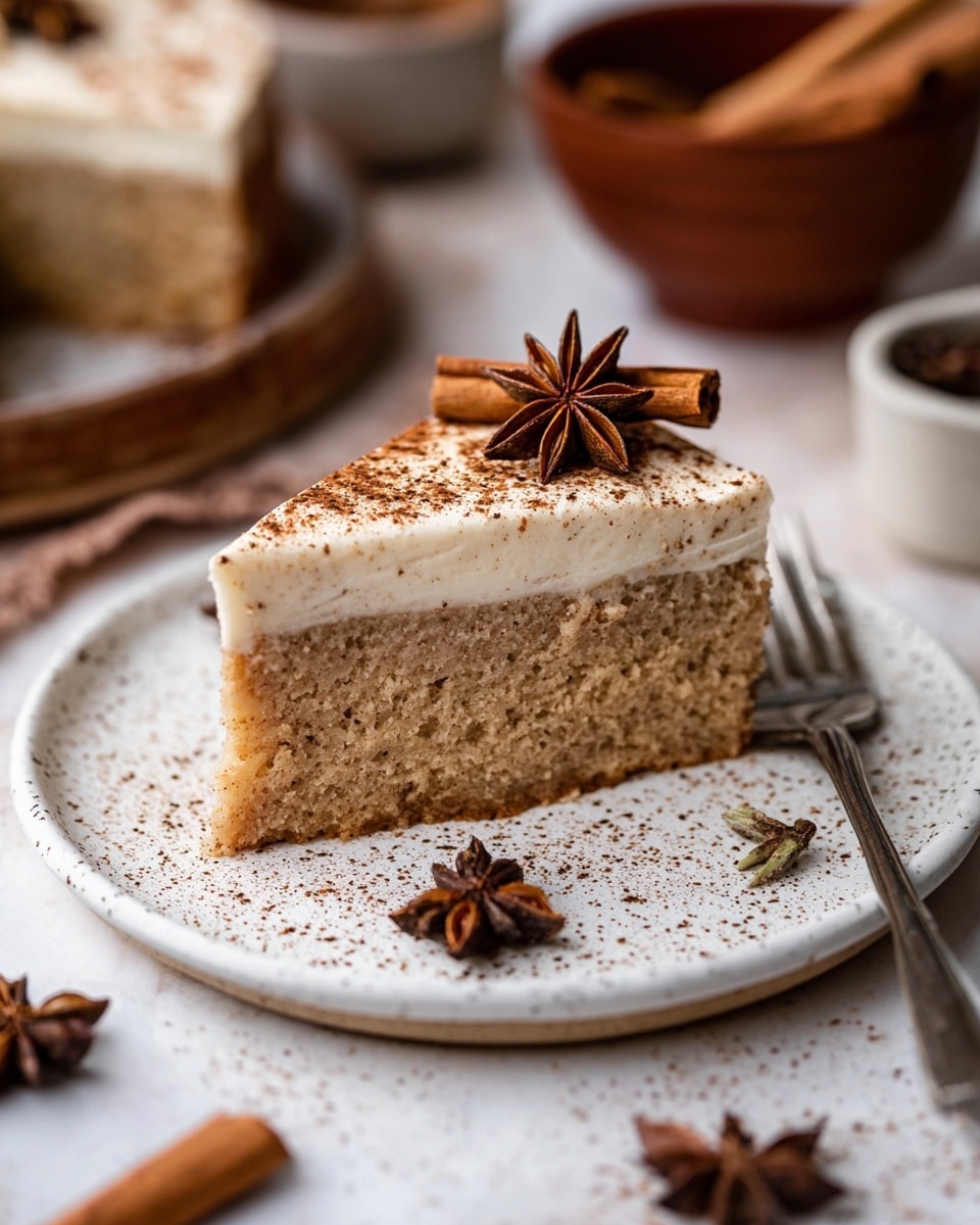 Chai Spice Cake with Pastry Cream and Cream Cheese Frosting Recipe 5 The image shows one slice of light brown cake on a white plate with small dark speckles. The cake has two layers: a thick, soft-looking layer of light brown cake on the bottom and a thinner, smooth layer of white cream frosting on top. The top of the frosting is dusted with fine brown powder and decorated with a brown star anise and a small cinnamon stick laid on top. The plate rests on a white marbled surface, with a silver fork on the right side of the plate, and more star anise scattered around near the bottom edge. In the blurred background, there are brown bowls holding dark brown star anise and cinnamon sticks. Photo taken with an iphone --ar 4:5 --v 7