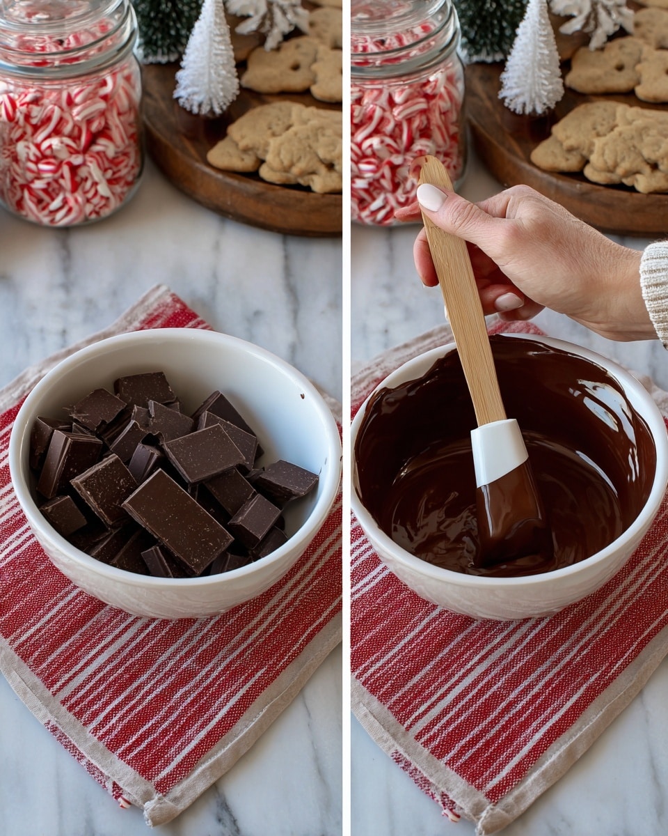 The image is split into two parts side by side. On the left side, there is a white bowl filled with dark brown chocolate pieces, cut into squares, resting on a red and white striped cloth on a white marbled surface. Behind the bowl, there are small festive decorations including a clear glass jar with red and white peppermint candies, miniature frosted Christmas trees, and a white bowl filled with holiday cookies, all arranged on wooden boards. On the right side, a woman's hand with white nail polish is holding the white bowl, now filled with melted smooth dark brown chocolate, and a wooden spatula with a white silicone tip dipped in the chocolate is resting inside the bowl. The same holiday decorations and cloth are visible in the background, creating a cozy and festive kitchen scene, photo taken with an iphone --ar 4:5 --v 7