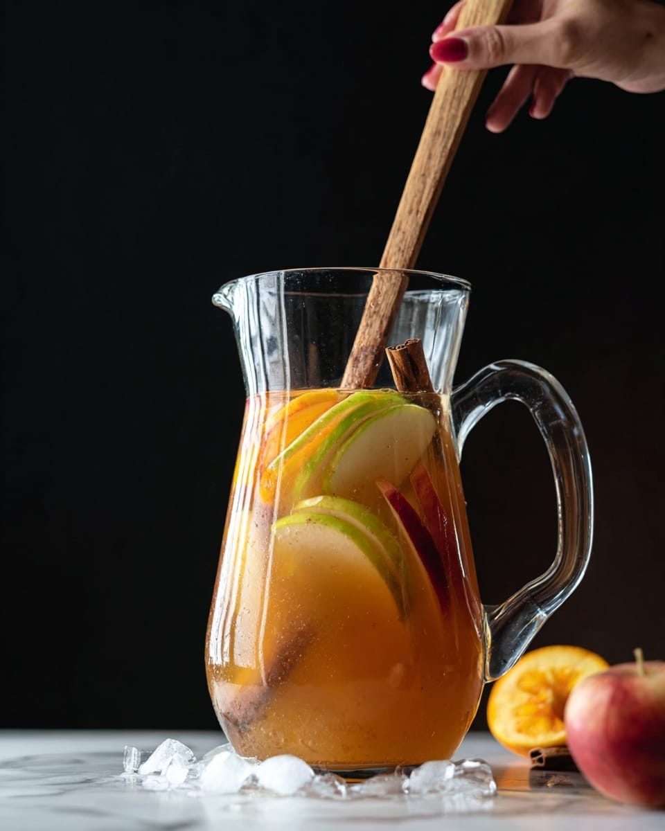A clear glass pitcher filled with a light brown liquid sits on a white marbled surface with scattered ice cubes around it. Inside the pitcher, there are visible thin slices of bright orange and pale green apples floating near the top, layered vertically. A cinnamon stick rests among the fruit slices inside the pitcher. A woman's hand is holding a long wooden stirrer placed inside the pitcher. The background is dark, making the pitcher and its colorful contents stand out. Photo taken with an iphone --ar 4:5 --v 7