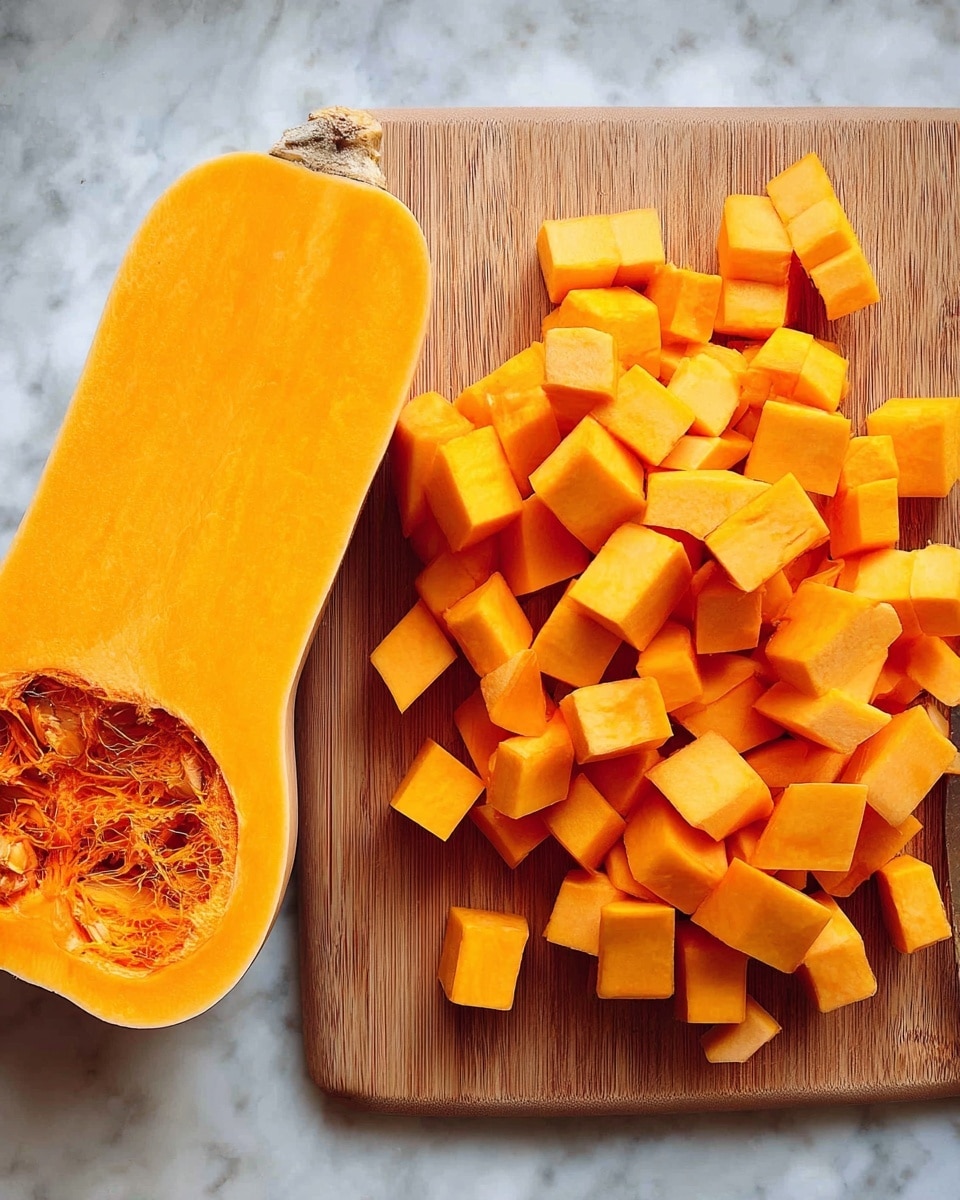 The image shows one butternut squash cut in half with the seeds removed on the left side, showing a smooth inside surface, and to the right is a pile of small square pieces of the same squash, all bright orange and fresh, placed on a wooden cutting board. The background beneath the cutting board is a white marbled texture. Photo taken with an iphone --ar 4:5 --v 7