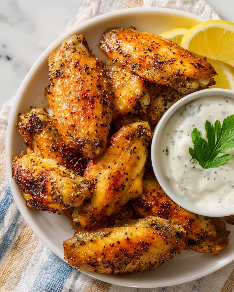 A white plate holds a pile of golden-brown chicken wings with a crispy skin, speckled with black pepper and spices showing a slightly charred texture. Nestled among the wings is a bright yellow lemon wedge, adding a pop of color. On the right side of the plate is a small white bowl filled with creamy white dipping sauce, topped with a green parsley leaf. The plate sits on a light cloth with blue and beige stripes, all placed on a white marbled surface. photo taken with an iphone --ar 4:5 --v 7