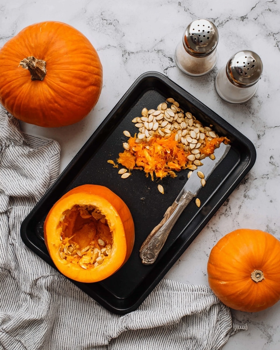 A black baking tray holds a hollowed out orange pumpkin with its top removed and lying next to it. On the left side of the tray, there is a pile of pumpkin seeds and orange fibrous pulp with a silver spoon resting on top. A knife covered lightly with pumpkin seeds lies on the right side of the tray. Surrounding the tray are two whole orange pumpkins, salt and pepper shakers, and a white and black striped cloth on a white marbled surface. photo taken with an iphone --ar 4:5 --v 7