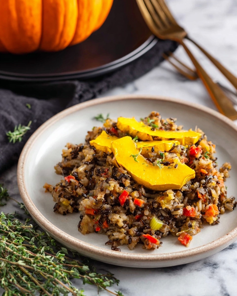 A white plate holds a serving of cooked stuffing with visible layers of brown rice, wild rice, small orange carrot pieces, red bell pepper bits, and light green celery slices mixed together. On top, there are two slices of bright yellow cooked squash, slightly folded and placed over the stuffing. The plate is on a white marbled surface with a bunch of green herbs in the foreground. In the background, there is a large whole pumpkin on a black plate and some wooden forks lying on the surface. Photo taken with an iphone --ar 4:5 --v 7