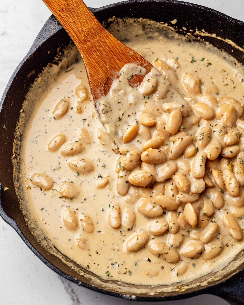 A close-up of a cast iron pan filled with creamy white sauce with whole light brown beans mixed in. The sauce looks thick and smooth with visible small black and green herb specks. A wooden spatula is partially dipped in the sauce, showing the sauce’s texture and the beans resting on it. The pan sits on a white marbled surface, highlighting the warm creamy color of the dish. photo taken with an iphone --ar 4:5 --v 7