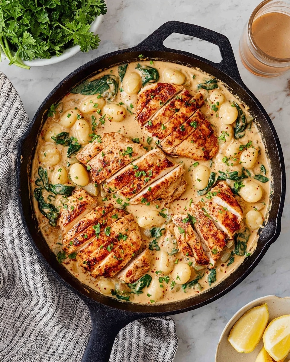 A black cast iron skillet filled with a creamy sauce base that is light beige with a smooth texture, dotted with small white gnocchi pieces and bright green spinach leaves mixed in. On top, four large sliced pieces of golden-brown cooked chicken are arranged evenly around the skillet, each piece showing grill marks and sprinkled with small bits of green herbs. The skillet sits on a white marbled surface next to a striped gray and white cloth napkin, a glass cup with a light brown drink, and a white bowl holding fresh green parsley and a lemon wedge. photo taken with an iphone --ar 4:5 --v 7
