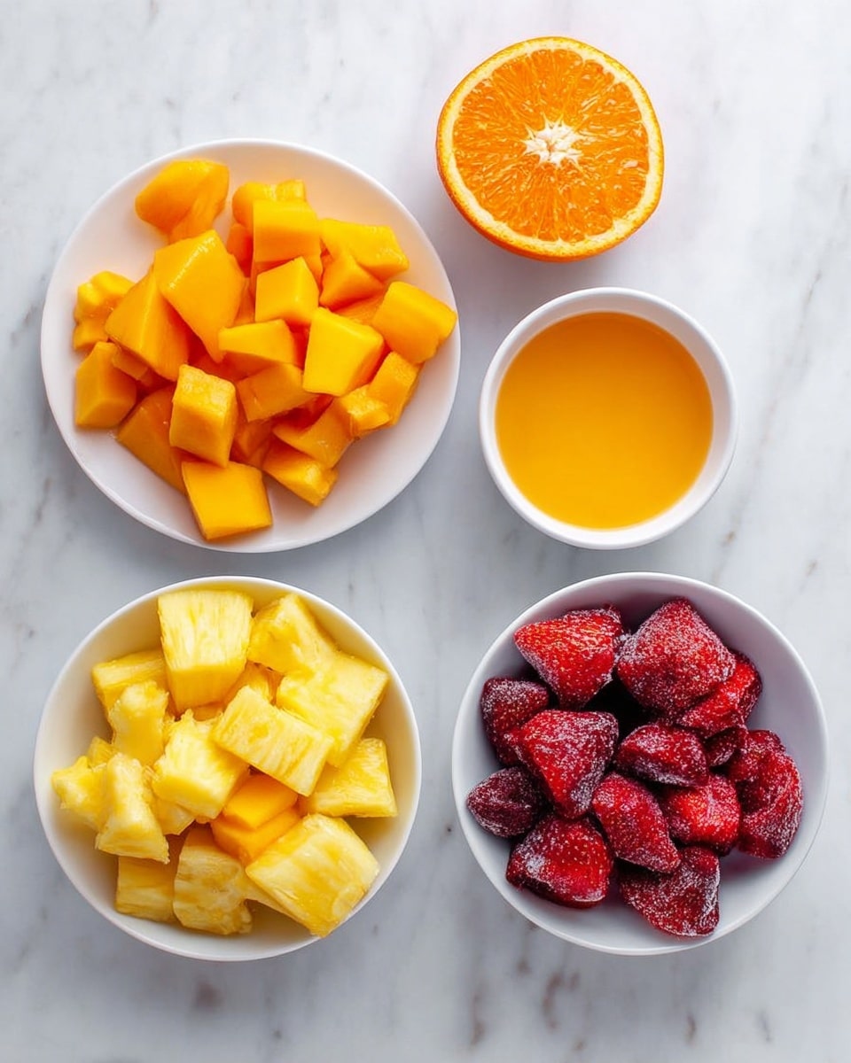 The image shows four white plates and bowls placed on a white marbled surface. The top left plate holds many bright orange frozen mango pieces, the bottom left bowl contains yellow frozen pineapple chunks, the top right plate is filled with dark red frozen strawberries, and in the middle, there is a small white bowl with orange juice. Above the bowl of juice, there is half an orange with a bright orange interior and a white rind visible. The items are arranged in a slightly scattered, visually balanced way. photo taken with an iphone --ar 4:5 --v 7
