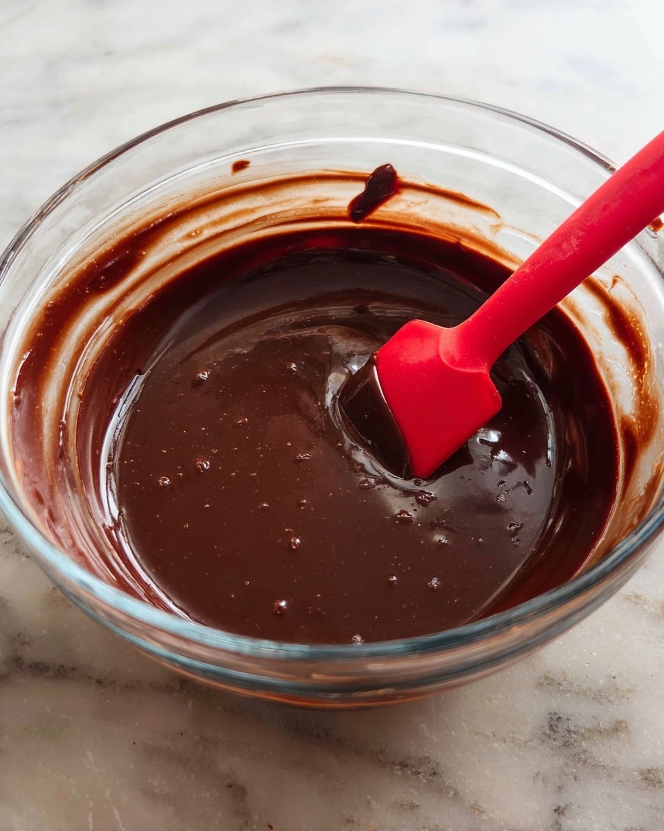 A clear glass bowl filled with a smooth, dark brown chocolate mixture that has a shiny surface, with a red spatula resting inside the bowl, partially dipped into the chocolate. The chocolate clings to the sides of the bowl showing a thick texture, and the bowl is placed on a white marbled surface. There are small air bubbles and slight texture variations on the chocolate surface photo taken with an iphone --ar 4:5 --v 7
