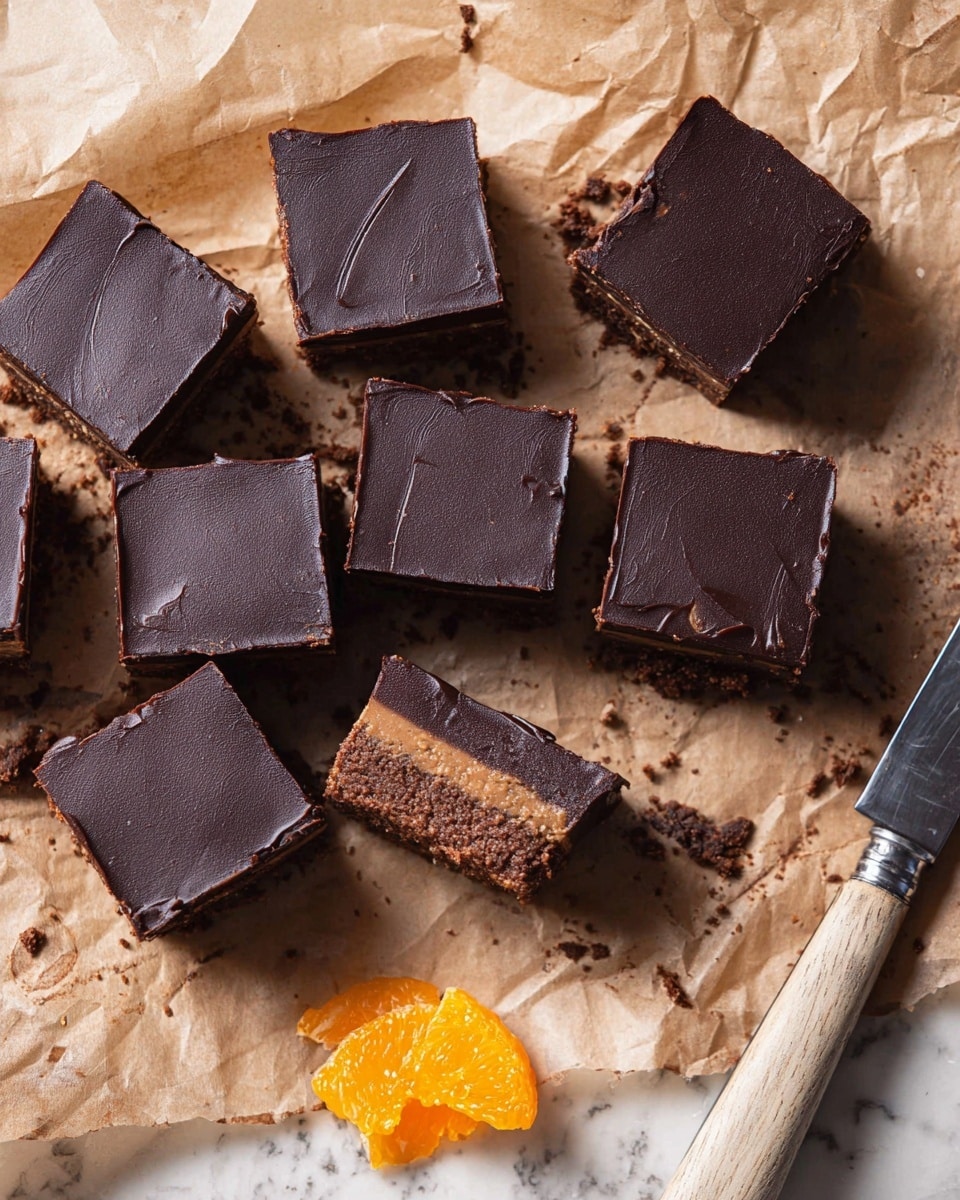 The image shows nine square pieces of chocolate dessert arranged on crumpled brown parchment paper over a white marbled surface. Each piece has two layers: a dark, glossy chocolate top layer with a smooth texture and some light cracks, and a denser, slightly lighter brown bottom layer with a rougher texture. The squares are close together with crumbs scattered around. Off to the right side of the dessert, there is a knife with a light wood handle and a metal blade resting on the parchment. At the bottom is a small piece of orange fruit, cut to show its juicy inside. Photo taken with an iphone --ar 4:5 --v 7