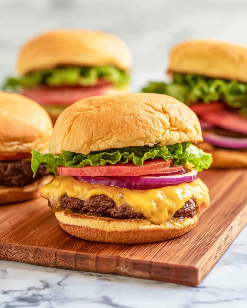 The image shows a cheeseburger placed on a wooden board on a white marbled surface. The burger has a soft, golden-brown top bun with a slightly wrinkled texture. Below the bun, there is a layer of fresh green lettuce, followed by two slices of red tomato and slices of purple onion arranged evenly. Underneath the onion sits a juicy beef patty with melted yellow cheese draped over it, resting on a toasted bottom bun. In the background, there are more burgers, some placed upright and some cut in half, showing the same layers inside. The photo taken with an iphone --ar 4:5 --v 7