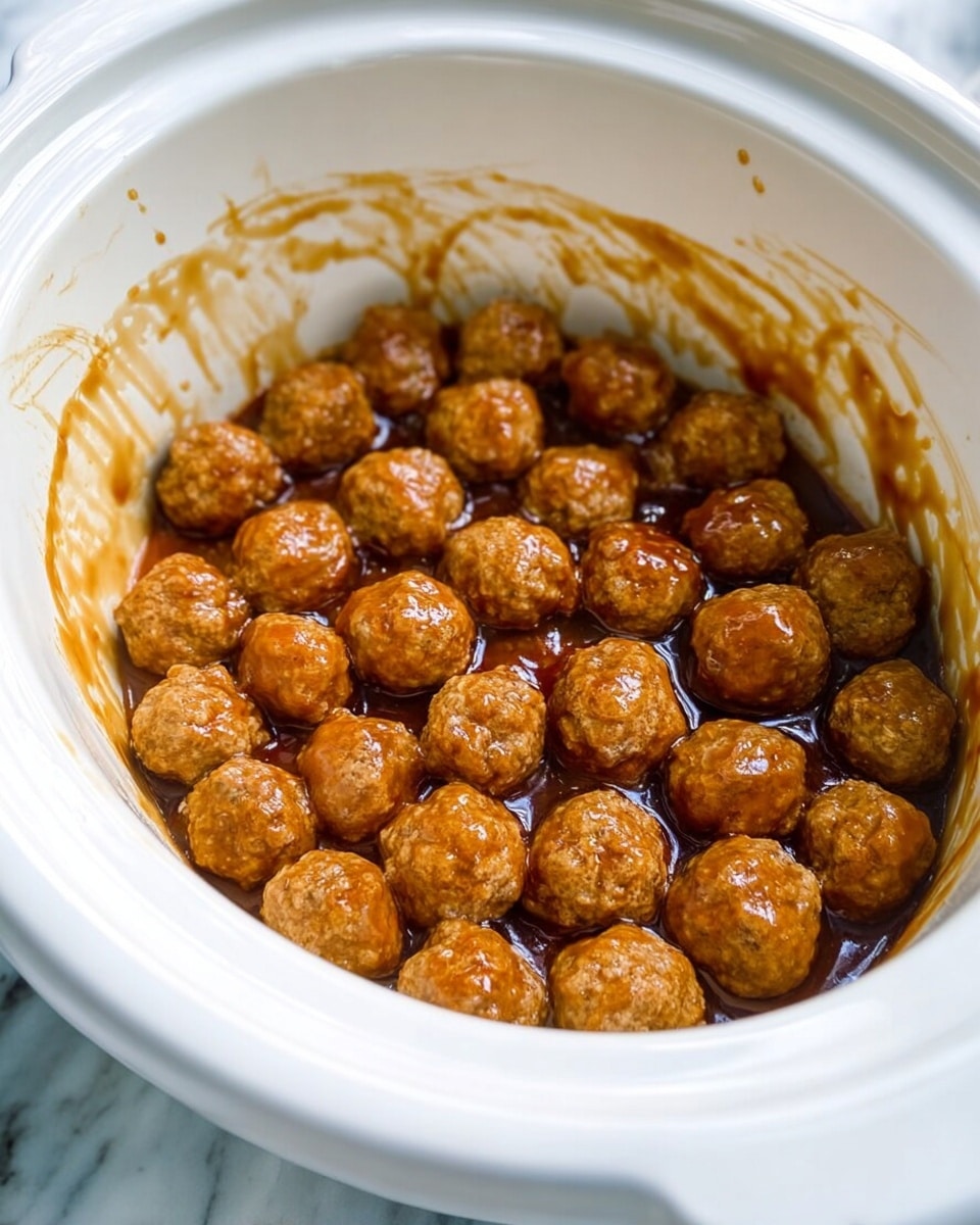 Inside a white slow cooker, there are many small round meatballs covered in a shiny brown sauce. The meatballs are piled in one layer, with some slightly resting on others. The sauce coats the meatballs and the sides of the slow cooker, leaving streaks and drips on the white surface inside. The background is a white marbled texture. photo taken with an iphone --ar 4:5 --v 7