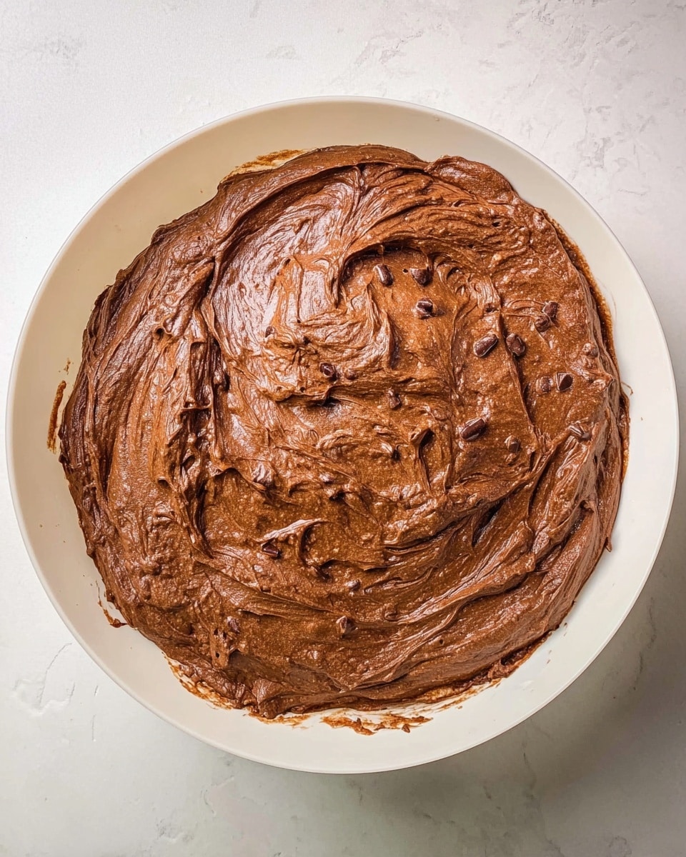 A thick, rich brown chocolate batter fills the center of a white bowl, spread out in an uneven, swirling pattern with a slightly rough texture and small chocolate pieces mixed throughout. The batter looks creamy but dense, sitting in one single layer around the bottom of the bowl, with visible glossy folds and peaks. The white marbled surface beneath the bowl adds a clean, bright contrast to the deep chocolate color of the batter photo taken with an iphone --ar 4:5 --v 7