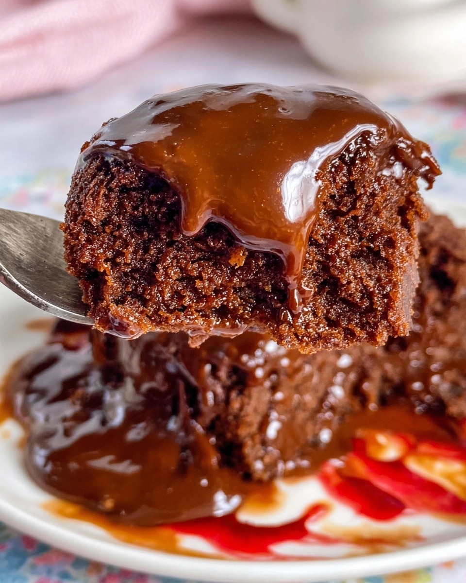 The image shows a close-up of a thick, moist chocolate cake piece on a fork with rich, glossy brown chocolate sauce draped over it, creating a shiny, smooth texture on top. The cake has a dense, crumbly texture with visible small air pockets and a deep dark brown color. The fork holds the cake above a white plate with more chocolate sauce spread unevenly around, mixing with some red streaks that add a pop of color. The background is a white marbled surface with hints of soft pastel colors out of focus. photo taken with an iphone --ar 4:5 --v 7