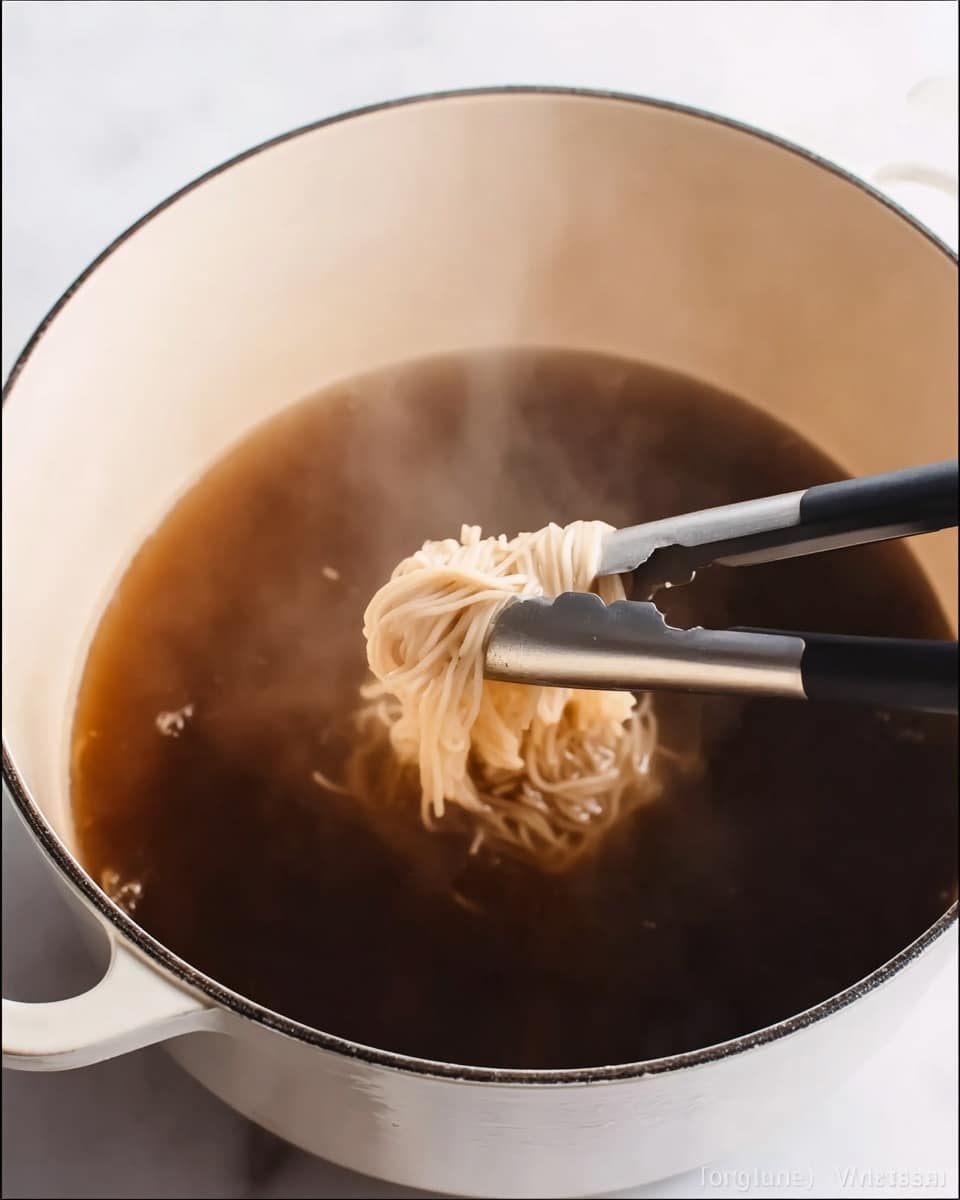 A close-up view of a white pot filled with dark brown broth, with steam rising gently from it. A pair of black and silver tongs holds a few light beige noodles just above the broth, showing their soft texture. The pot rests on a white marbled surface, adding a clean and simple background to the image. The photo looks warm and inviting, capturing the moment the noodles are lifted out of the rich broth. photo taken with an iphone --ar 4:5 --v 7