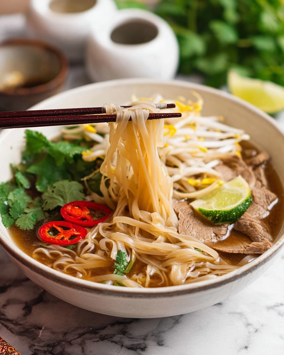 A white bowl is filled with four main layers: a base of clear brown broth, light brown flat rice noodles gently swirling above, thin slices of cooked light brown meat resting on one side, and fresh green cilantro leaves scattered on top. Crunchy white bean sprouts with yellow tips sit beside a green lime wedge and sliced red chili rings add bright color. A pair of dark wooden chopsticks lifts a bundle of noodles above the bowl. The bowl sits on a white marbled surface with blurred white sauce containers and green herbs in the background. Photo taken with an iphone --ar 4:5 --v 7