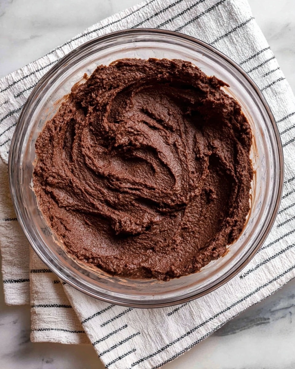 A clear glass bowl filled with a thick, dark brown chocolate batter that has a slightly rough, dense texture. The batter is spread unevenly with visible peaks and swirls showing where it has been mixed. The bowl is placed on a white cloth with a thin black striped pattern, which sits on a white marbled surface. Photo taken with an iphone --ar 4:5 --v 7