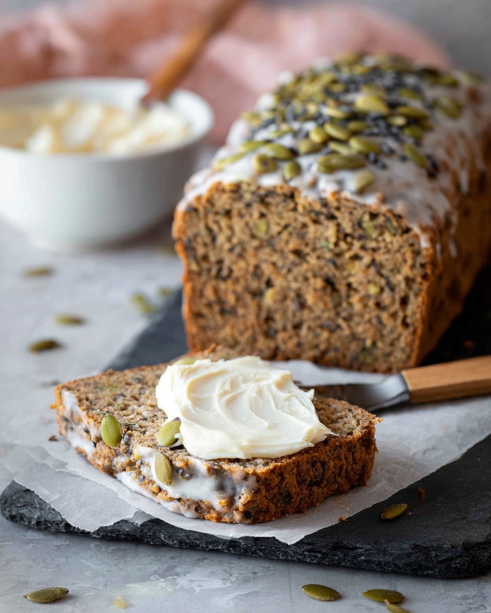 A slice of dense, brown bread with visible small seeds is placed on a white parchment paper on a dark slate board, topped with a creamy white spread being gently spread by a wooden spatula. Behind the slice is a fuller loaf of the same bread, glazed with a shiny white icing and sprinkled with green pumpkin seeds and black seeds. A small white bowl filled with the same creamy spread sits slightly blurred in the background on a white marbled surface, with a few loose pumpkin seeds scattered around. The colors show a natural, homemade feel with earthy tones and soft lighting. photo taken with an iphone --ar 4:5 --v 7