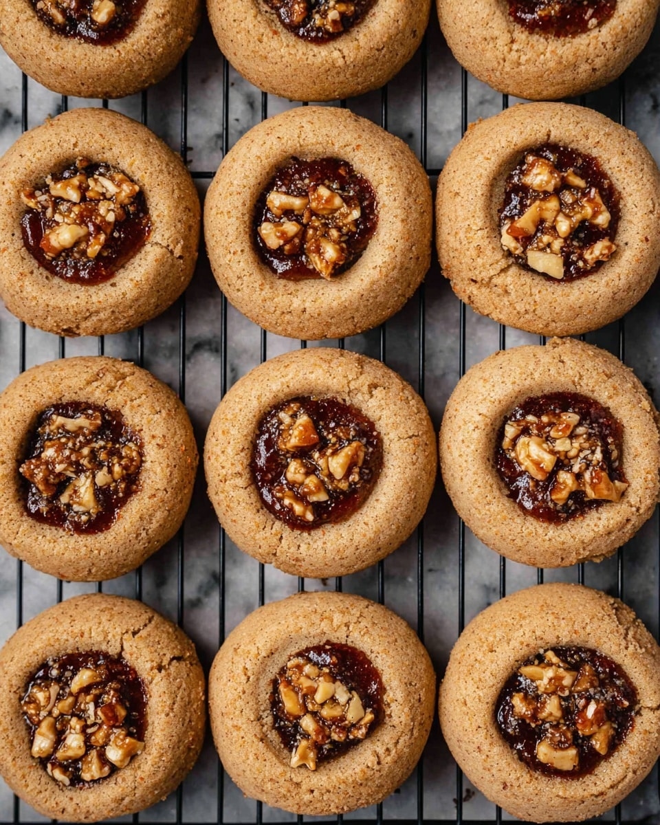 The image shows a top view of twelve round, light brown cookies arranged in a grid on a black baking rack over a white marbled surface. Each cookie has a soft, slightly raised texture with a central filling made of a dark, glossy mixture containing chunks of nuts and caramelized bits, giving a rich, textured contrast in the center. The cookies have smooth edges, and the filling varies slightly in shape and size but is always centrally placed in a small circular area. The overall look is warm and inviting, with a mix of smooth and rough textures on each cookie. photo taken with an iphone --ar 4:5 --v 7